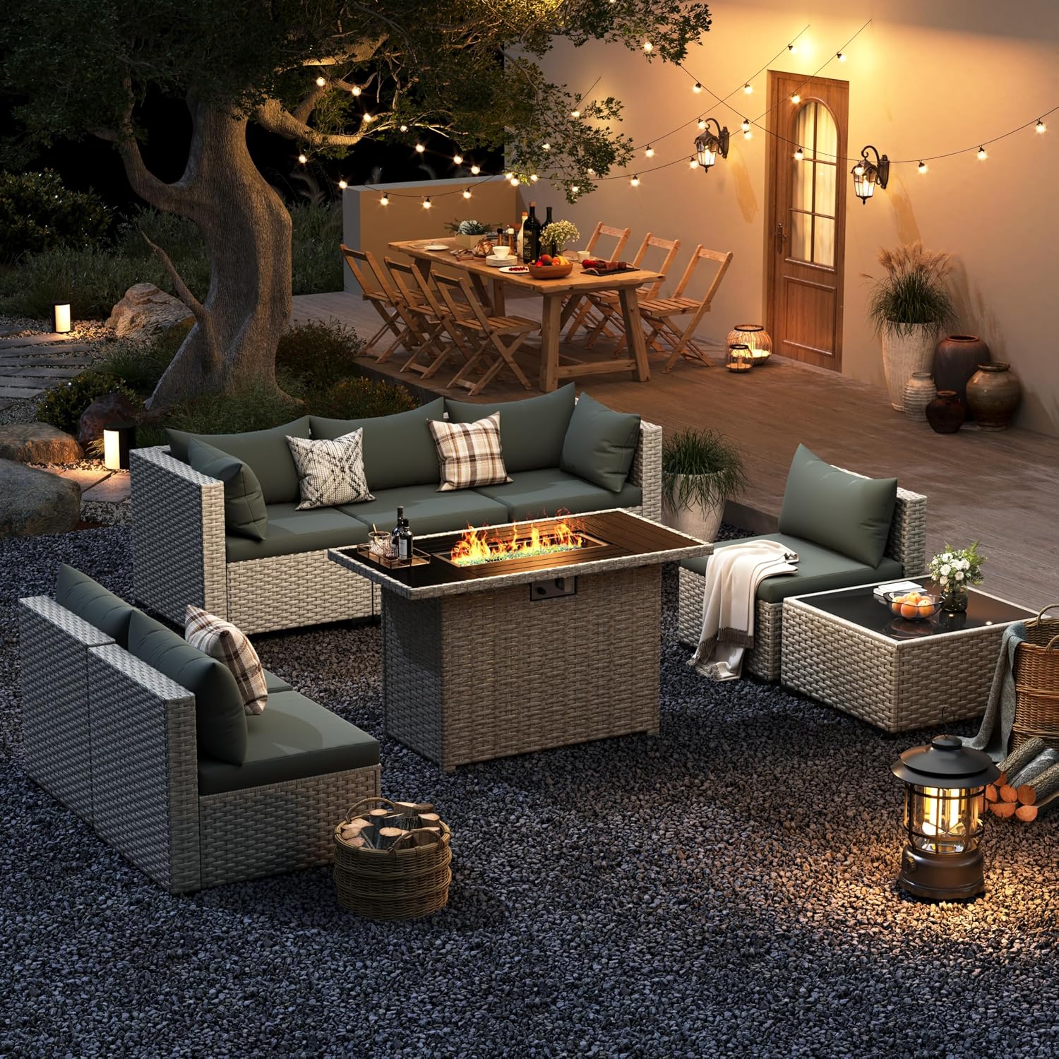 Outdoor Furniture Fire Pit Set - 8-Seat Outdoor Sectional Sofa Set with