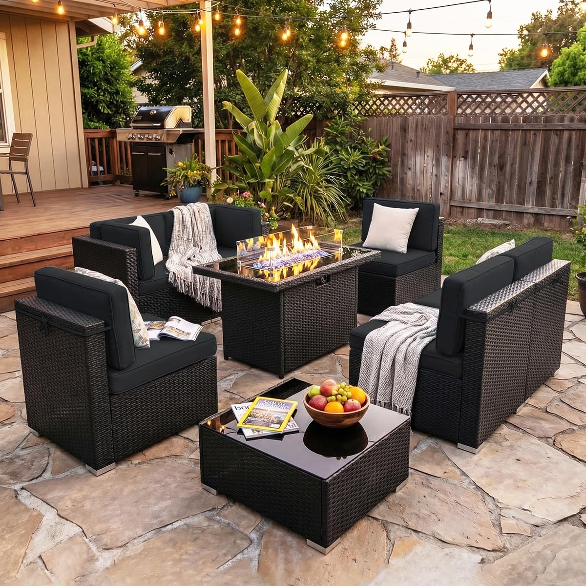 Outdoor Furniture Fire Pit Set - 8 Pieces Patio Furniture Set with