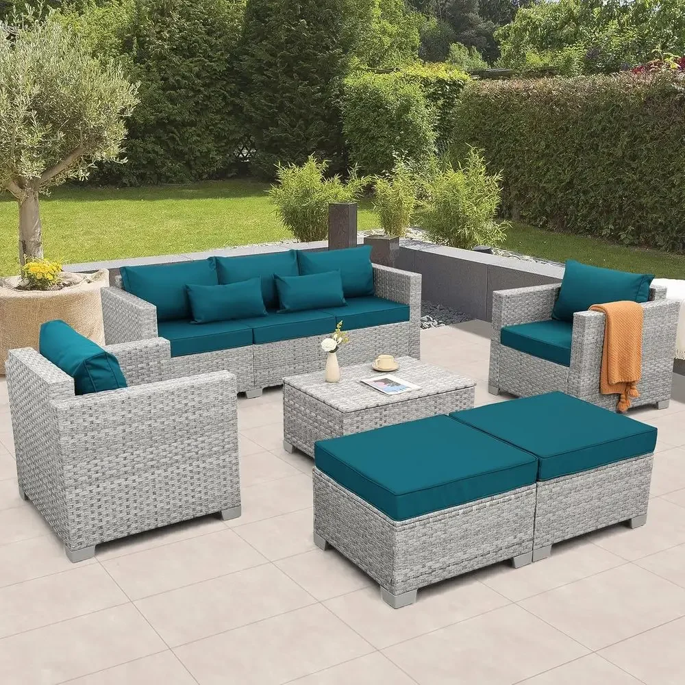 Outdoor Furniture With Storage For Cushions - 6-Piece Grey Wicker Outdoor Patio Furniture