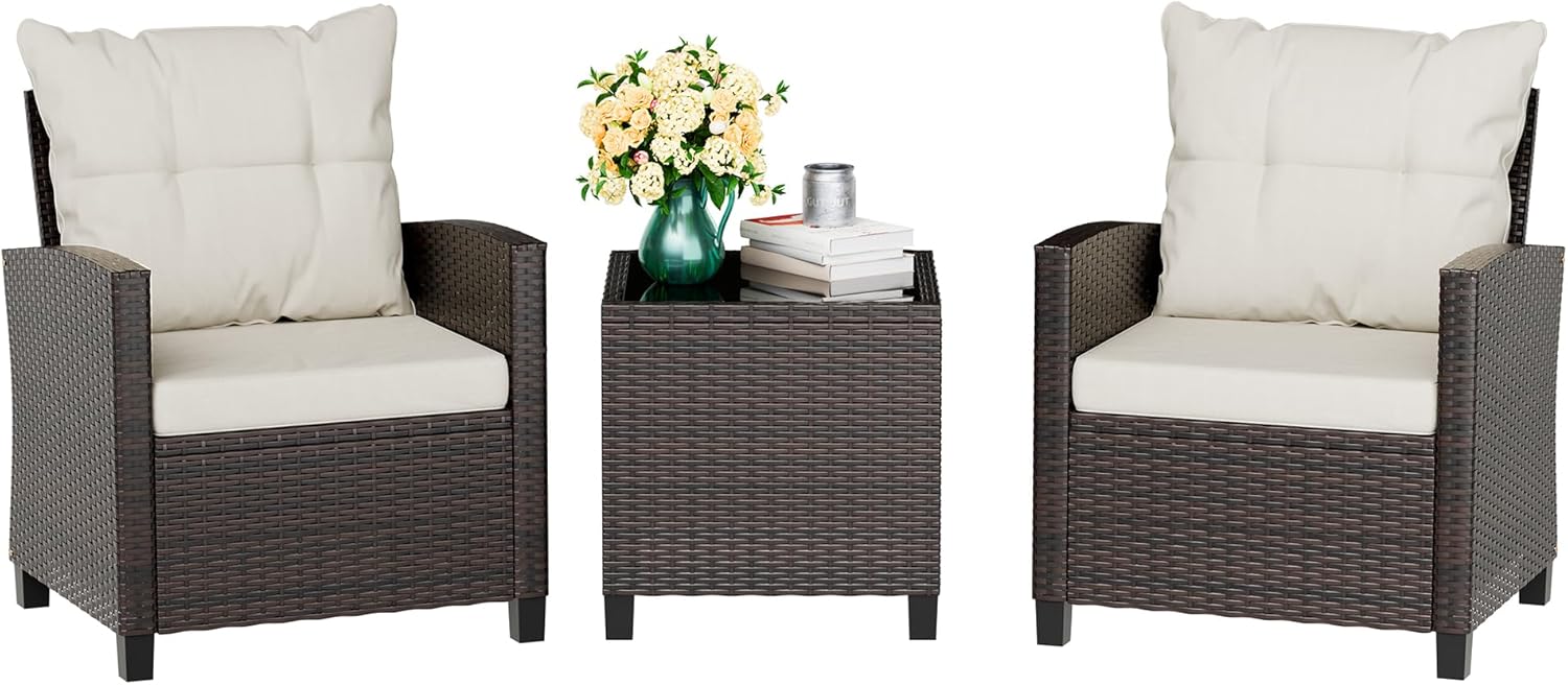 Outdoor Furniture Cushion - Beige compact 3-piece rattan wicker front