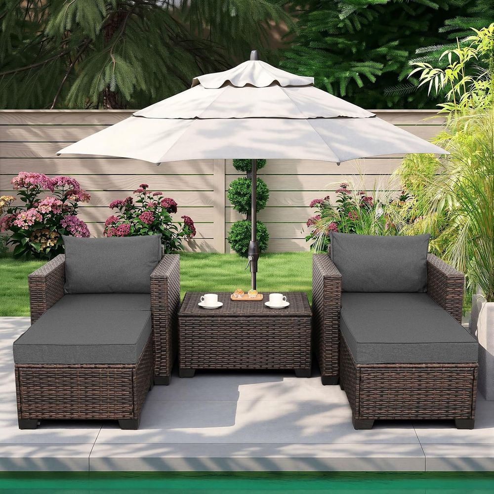 Outdoor Furniture With Storage For Cushions - 5-Piece HDPE Wicker Outdoor Furniture Set