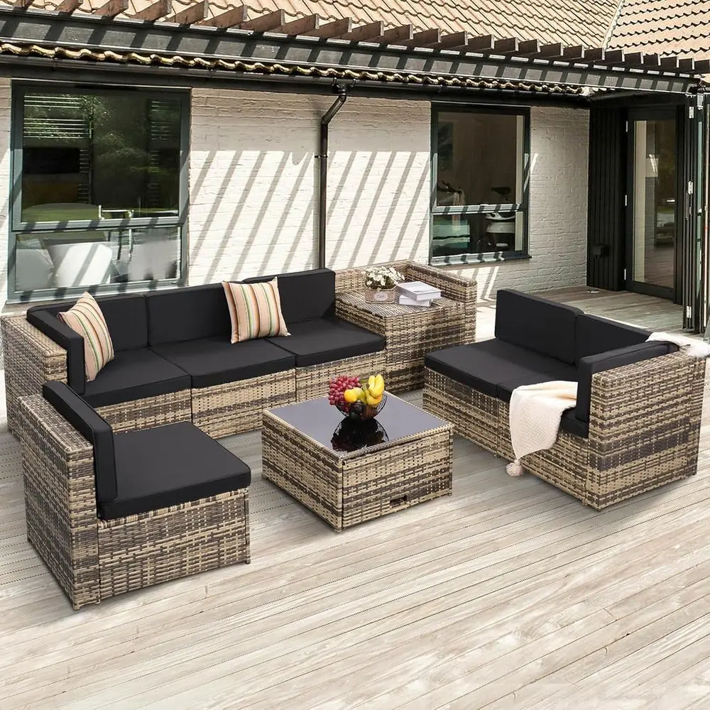 Outdoor Furniture With Storage For Cushions - 8-Piece Outdoor Wicker Sectional Patio Furniture