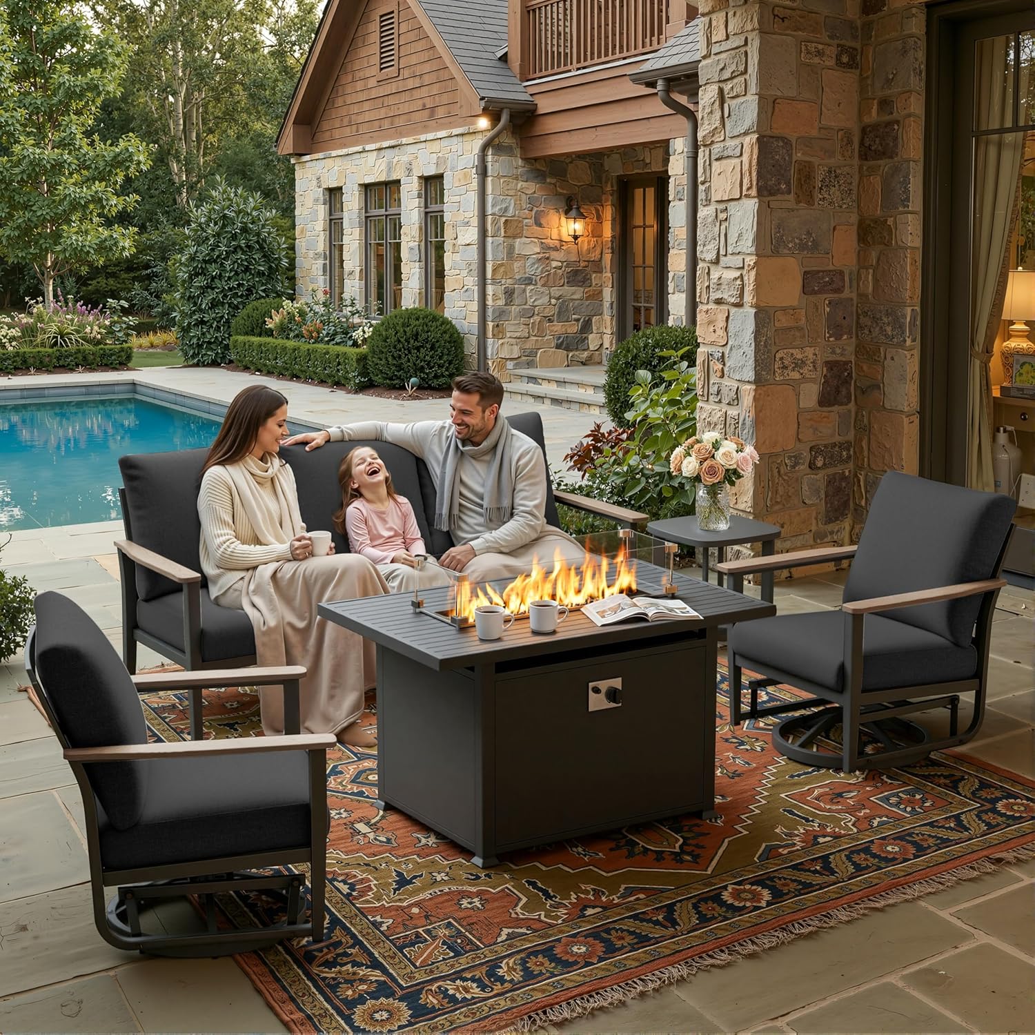 Outdoor Furniture Fire Pit Set - 5pc Aluminum Patio Set Swivel Rockers