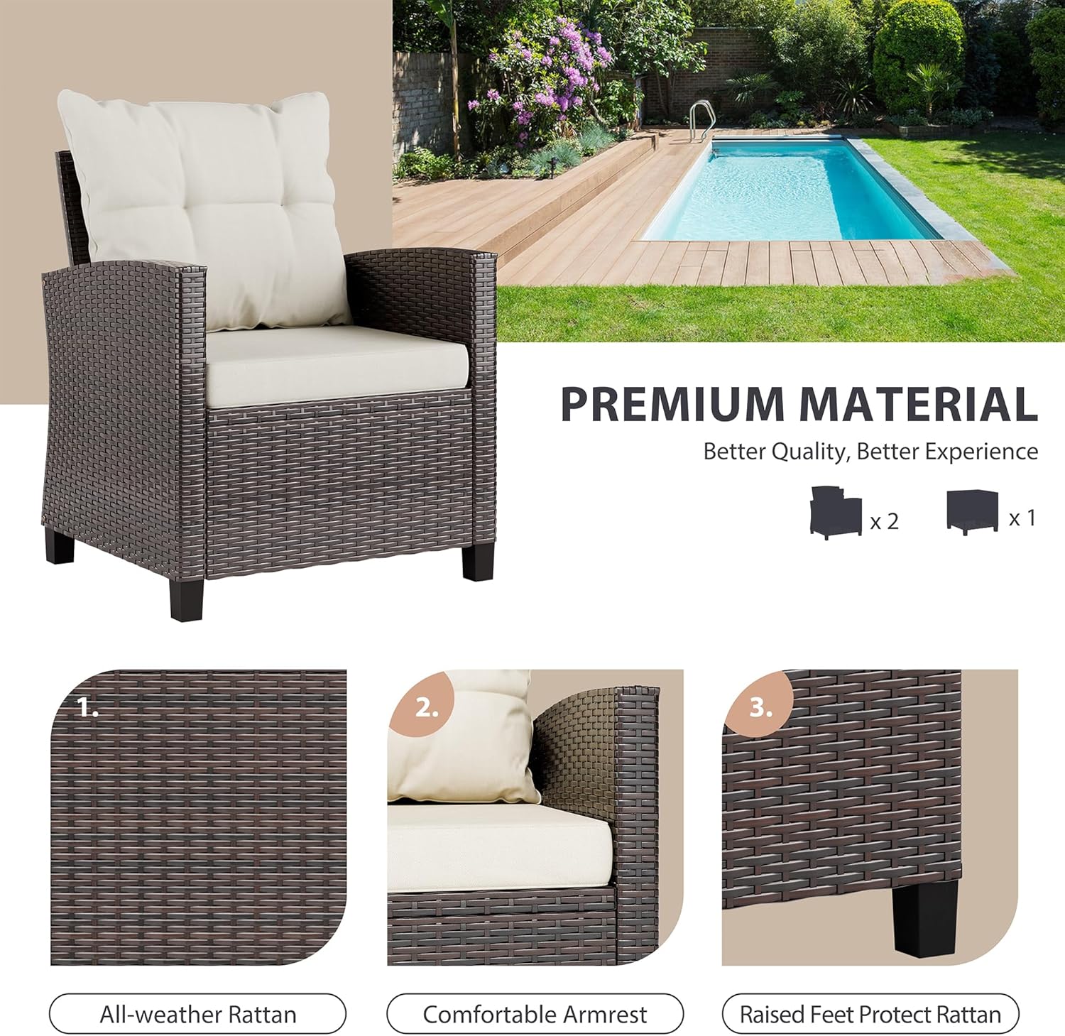 Beige compact 3-piece rattan w - Outdoor Furniture Cushion ulasan dan harga