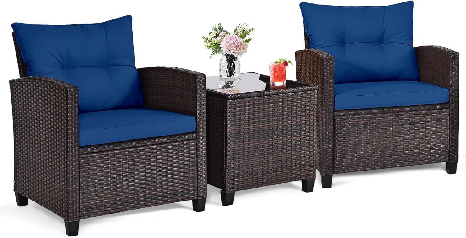 Navy blue rattan wicker 3-piec - Outdoor Furniture Cushion ulasan dan harga