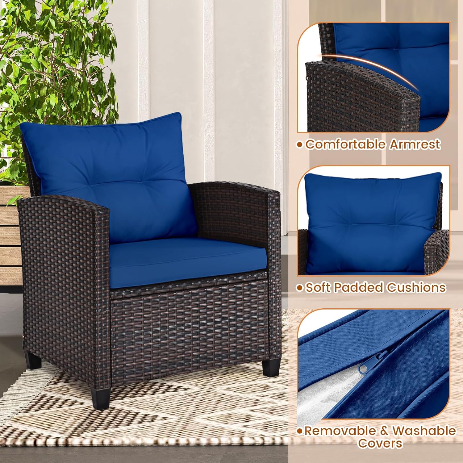 Navy blue rattan wicker 3-piec - Outdoor Furniture Cushion ulasan dan harga